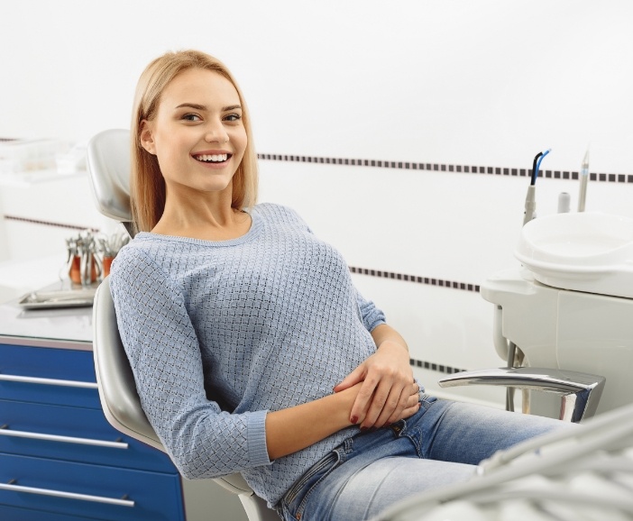 Smiling woman in dental chair at Westerville dental office